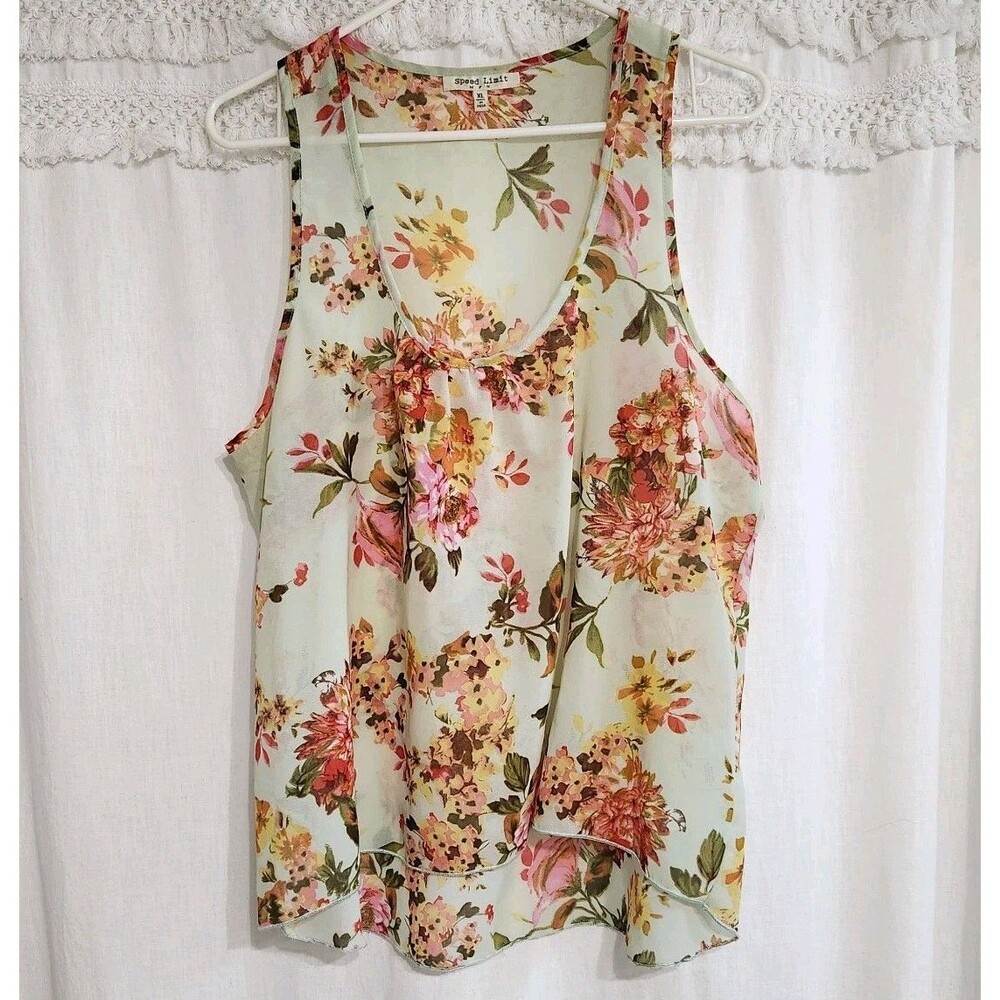 Boho Romantic Floral Chiffon Tank Top Blouse XL Soft Mint High Low Sheer India